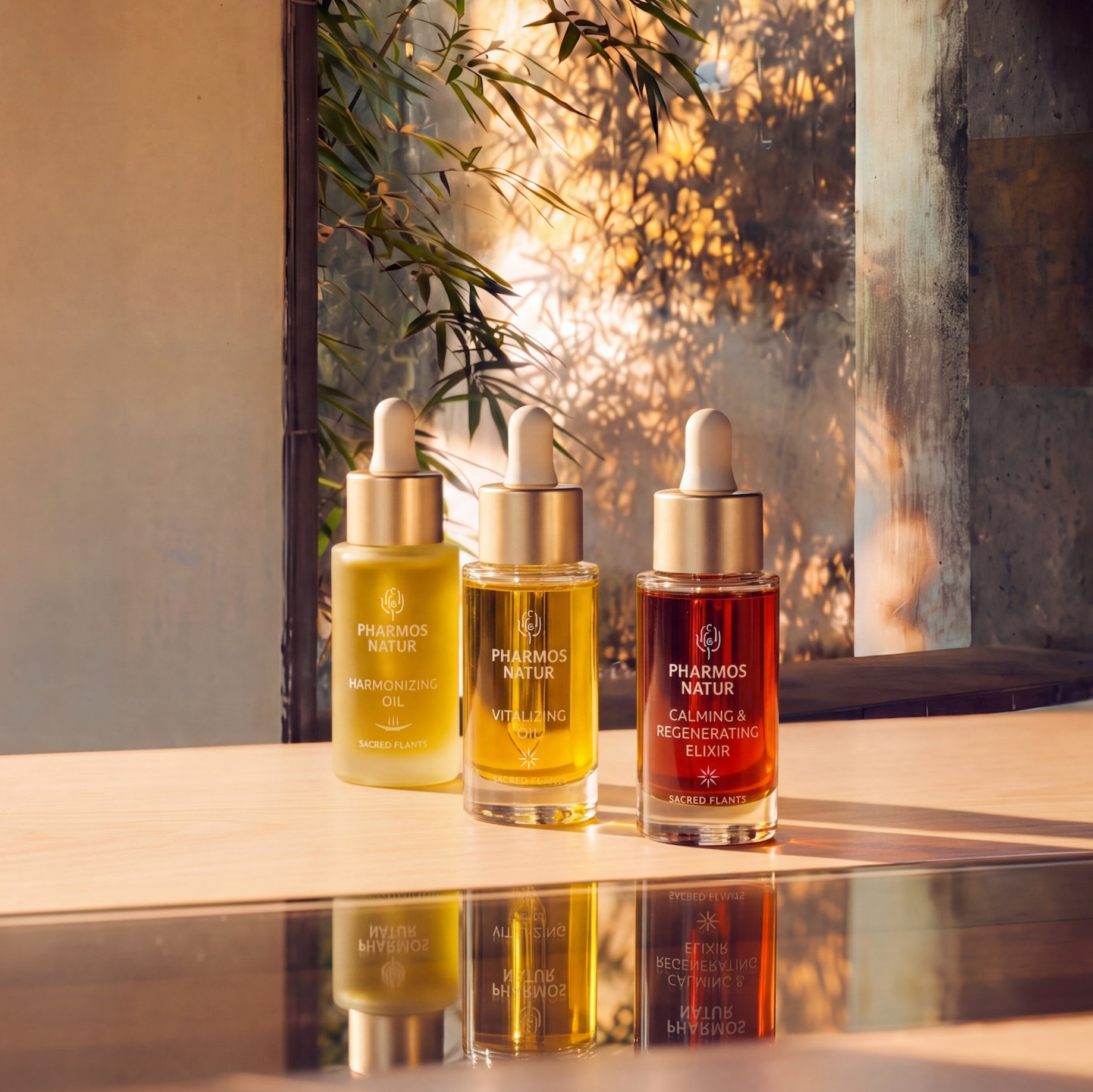 Harmonizing Oil, Vitalizing Oil und Calming & Regenerating Elixir stehen nebeneinander frontal auf einer Ablage