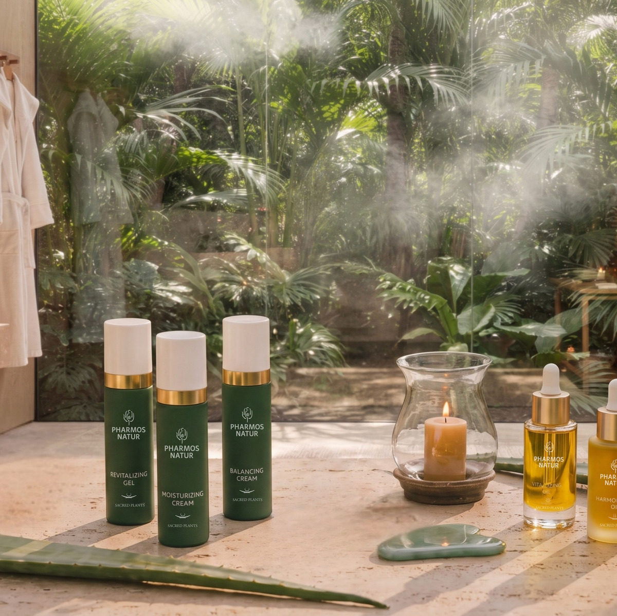 Produkte der Linien Essential Care und Oil Serum und Aloe Vera Pflanzenblatt ausgestellt in einem Spa Raum