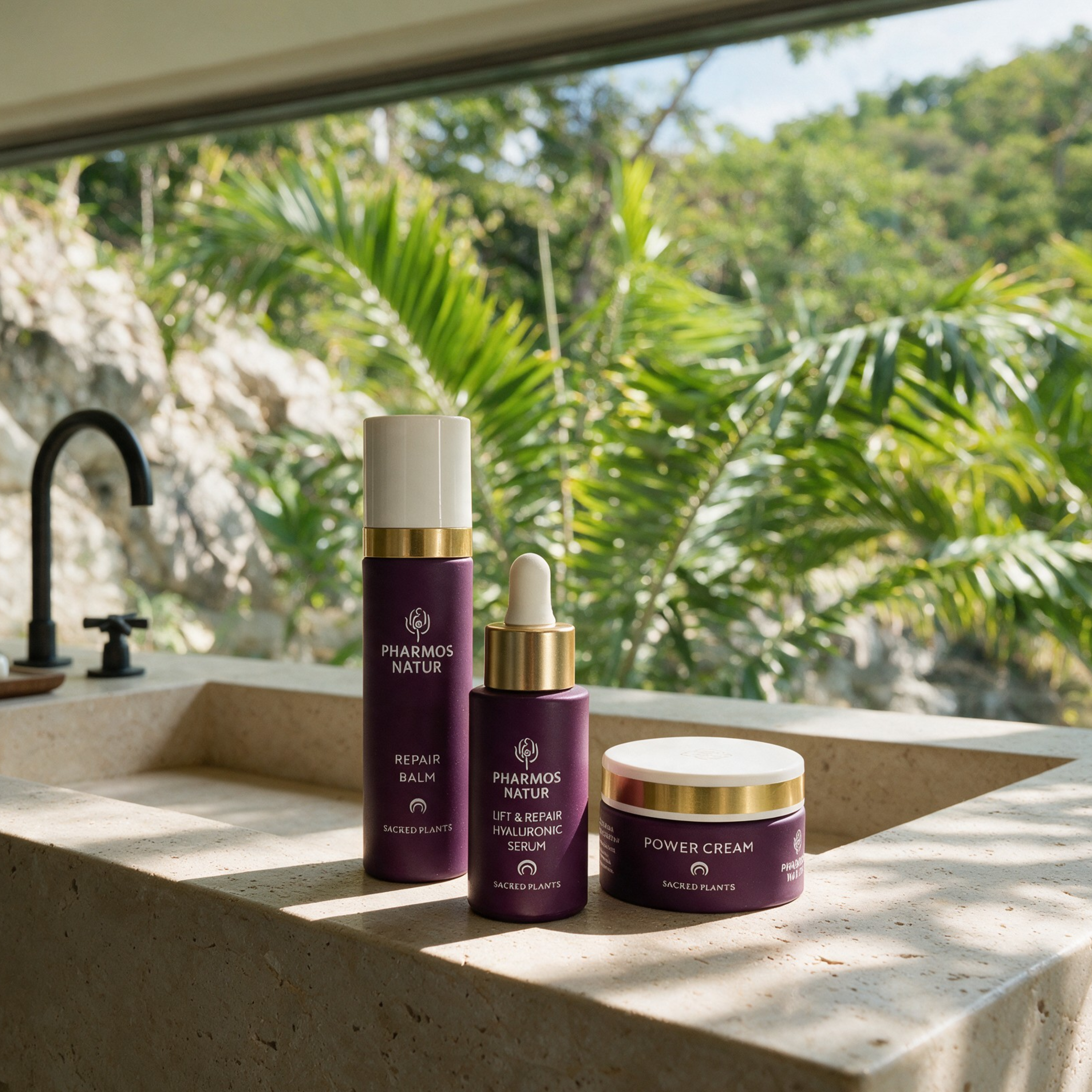 Repair Balm, Lift & Repair Hyaluronic Serum und Power Cream stehen frontal als Hero Produkte auf einem belichteten Waschbecken mit Pflanzen im Hintergrund