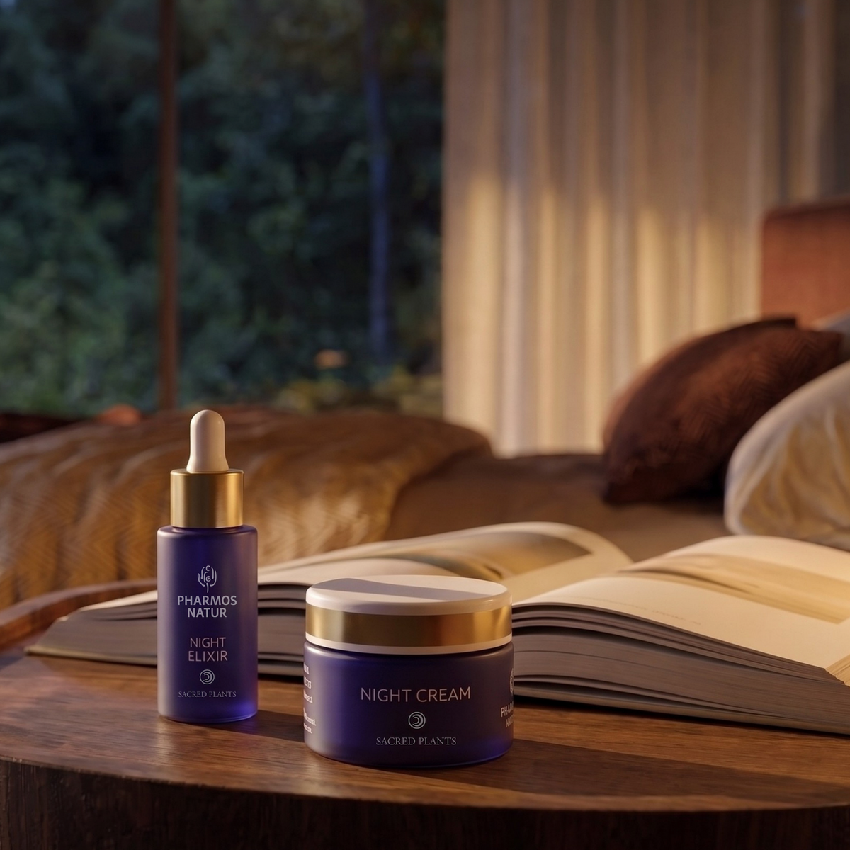 Nahaufnahme der Produkte Lunar Night Elixir und Night Cream auf einem Nachttisch neben einem Buch
