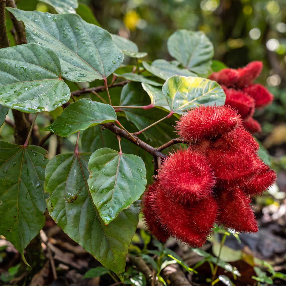 Achiote (Bixa orellana) mit roten Samenkapseln – traditionsreiche Pflanze mit wertvollen Pflanzenstoffen für natürliche Hautpflege.