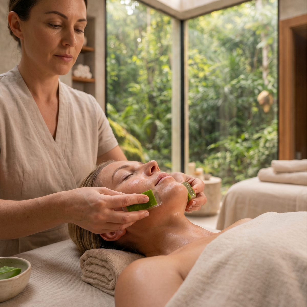 Eine Frau liegt auf einer Liege in einem stilvollen Spa, und wird von einer weiteren Frau mit einem Stück Aloe Vera im Gesicht behandelt