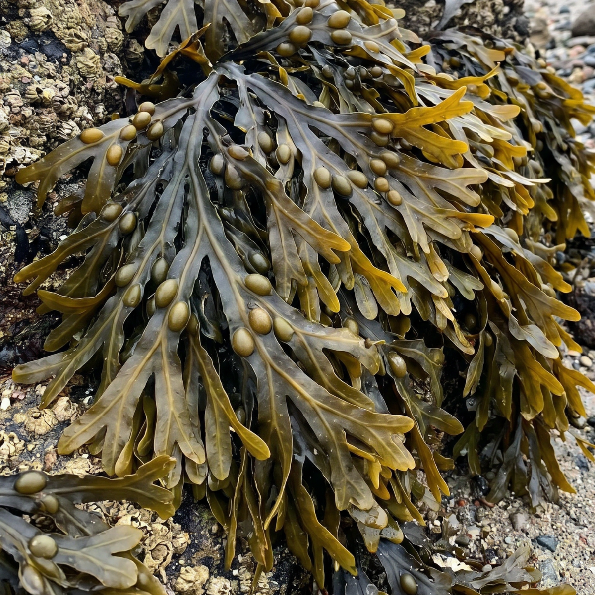 Blasentang (Fucus vesiculosus) – braune Meeresalge mit charakteristischen Luftblasen aus den Küstenregionen des Nordatlantiks.