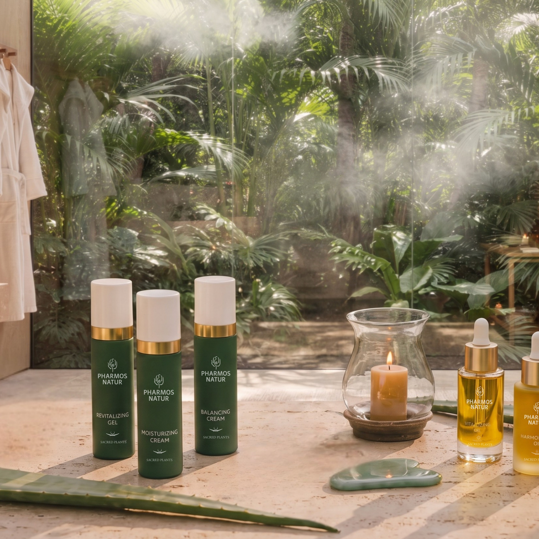 Produkte der Linien Essential Care und Oil Serum und Aloe Vera Pflanzenblatt ausgestellt in einem Spa Raum