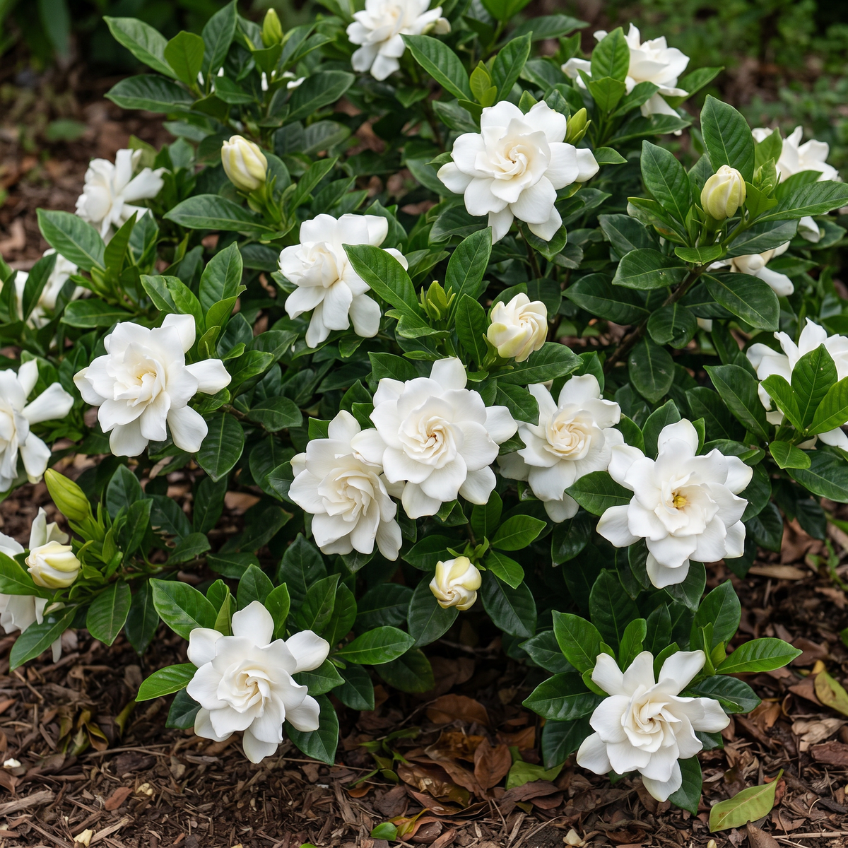 Gardenie (Gardenia jasminoides) – immergrüne Blütenpflanze mit strahlend weißen Blüten und intensivem Duft.