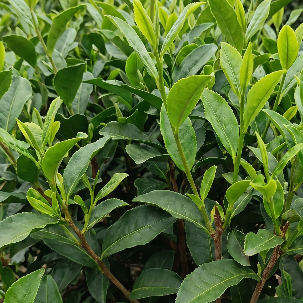 Grüner Tee (Camellia sinensis) – traditionsreiche Teepflanze mit feinen Blättern und wertvollen Pflanzenstoffen.