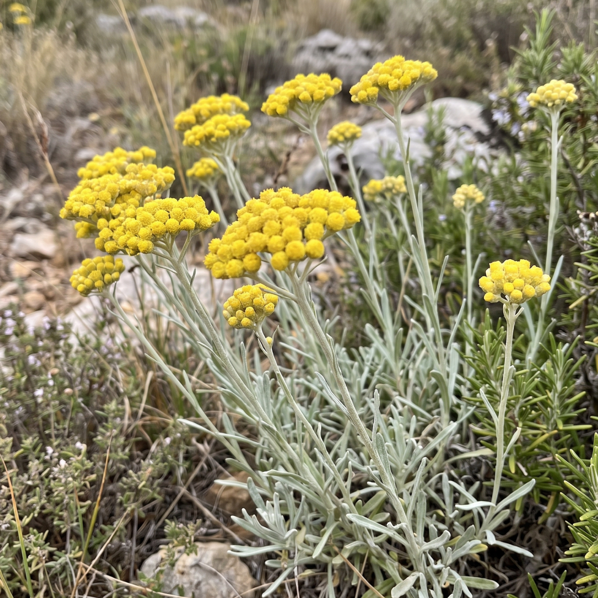 Immortelle (Helichrysum italicum) – mediterrane Blütenpflanze, auch als „ewige Blume“ für ihre außergewöhnlich langlebigen Blüten bekannt.