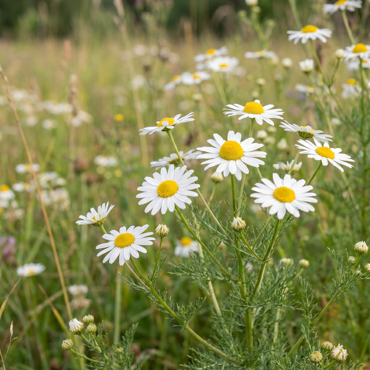 Kamille (Matricaria chamomilla) – traditionsreiche Wildblume mit weiß-gelben Blüten und langer Geschichte in der europäischen Pflanzenkunde.