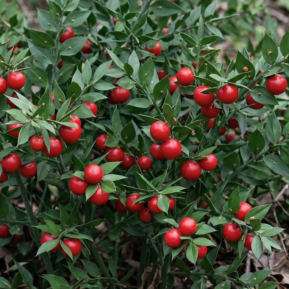 Mäusedorn (Ruscus aculeatus) – charakteristische Pflanze des Mittelmeerraums mit roten Beeren und langer Tradition in der Pflanzenkunde.