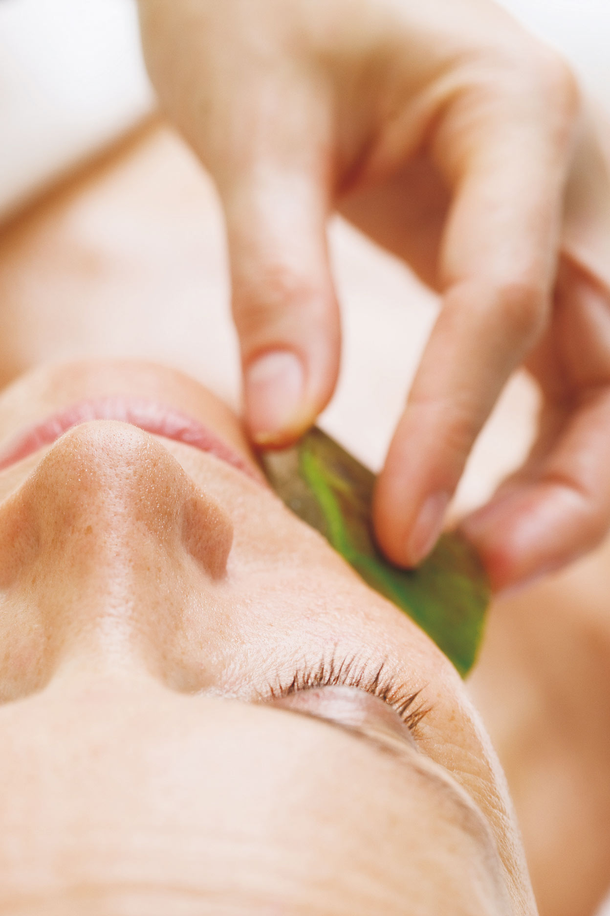 Gesichtsbehandlung mit Aloe Vera Scheibe auf der Wange