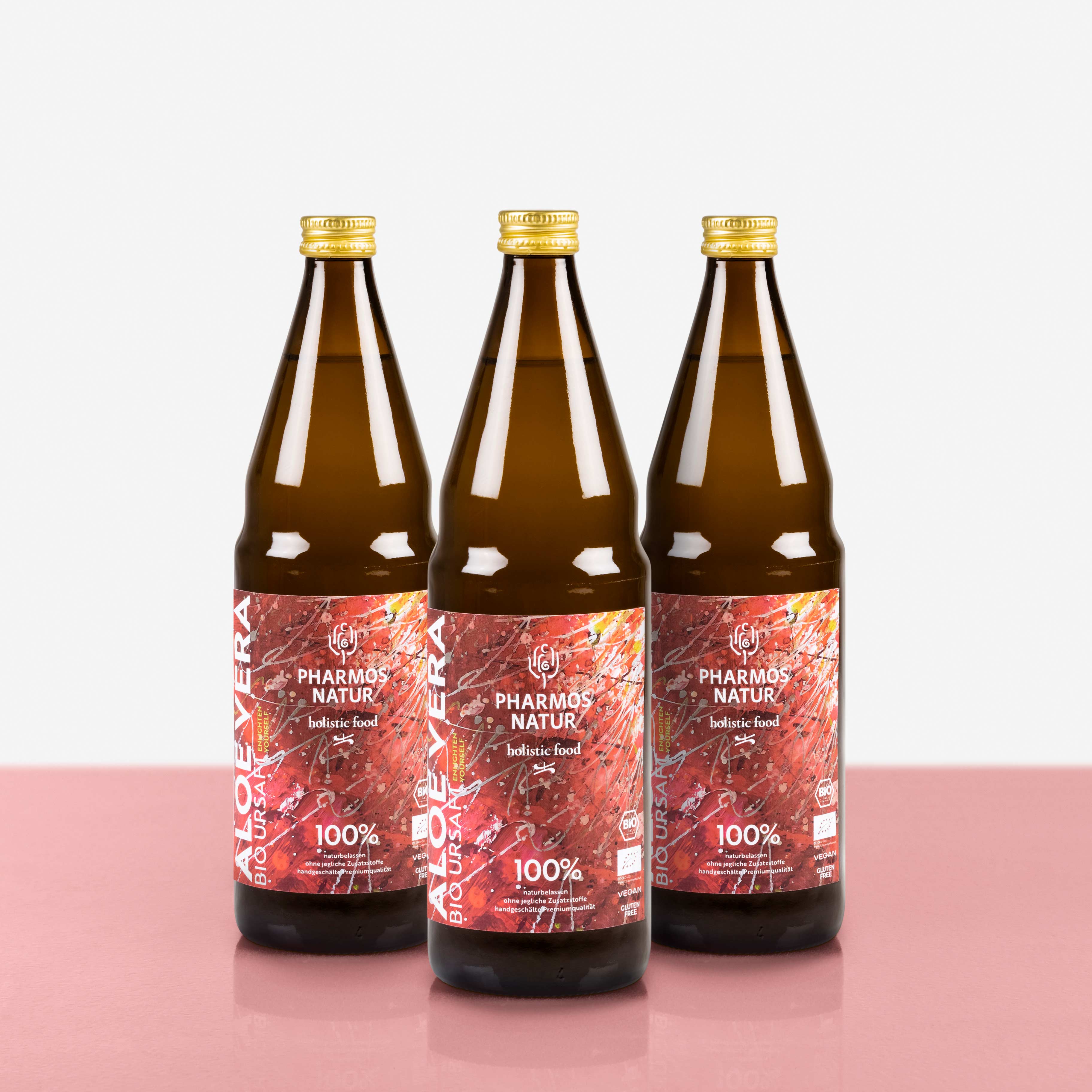 Drei mal Aloe Vera Bio Ursaft dunkle Flasche mit farbigem Etikett Große Größe