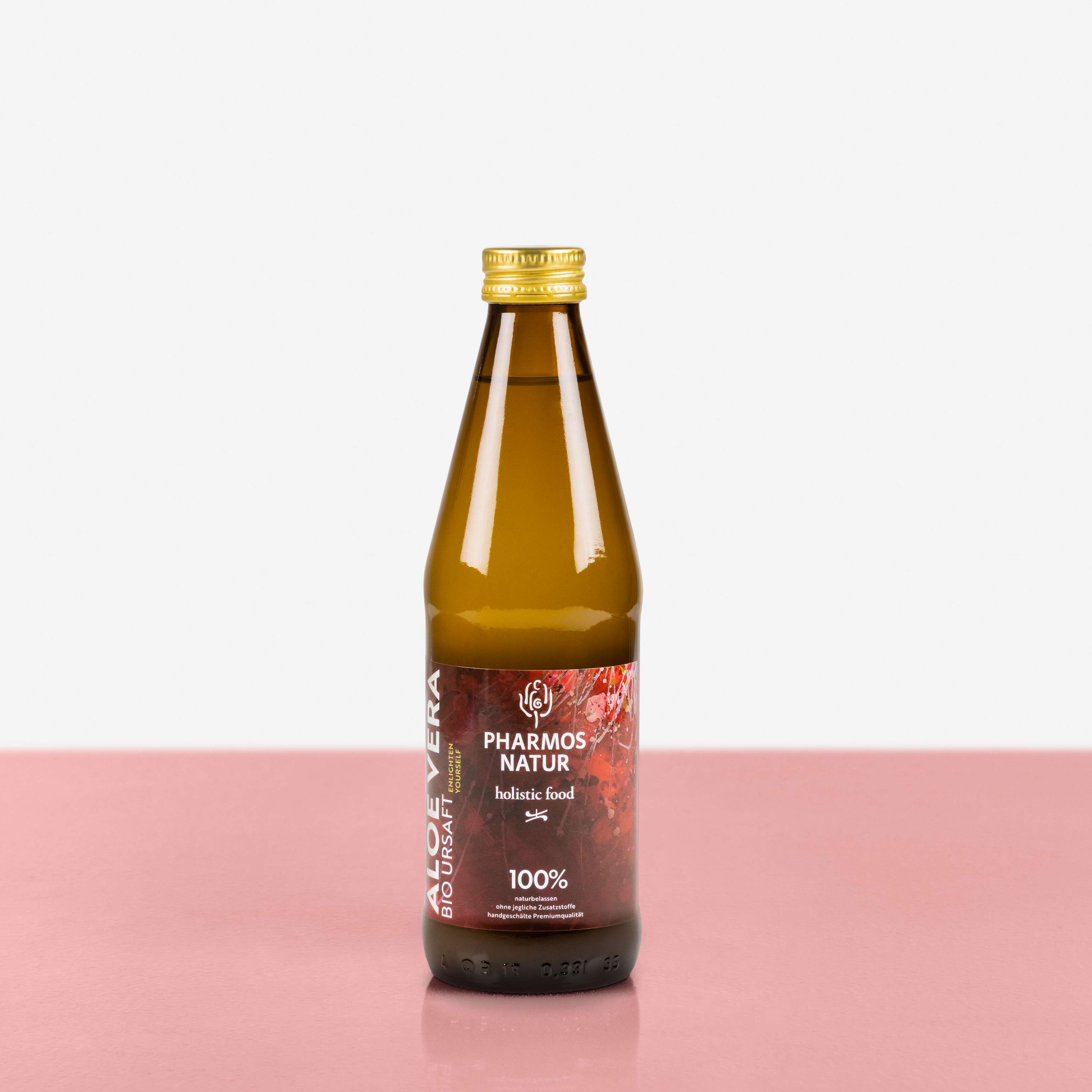 Aloe Vera Bio Ursaft dunkle Flasche mit farbigem Etikett Große Größe