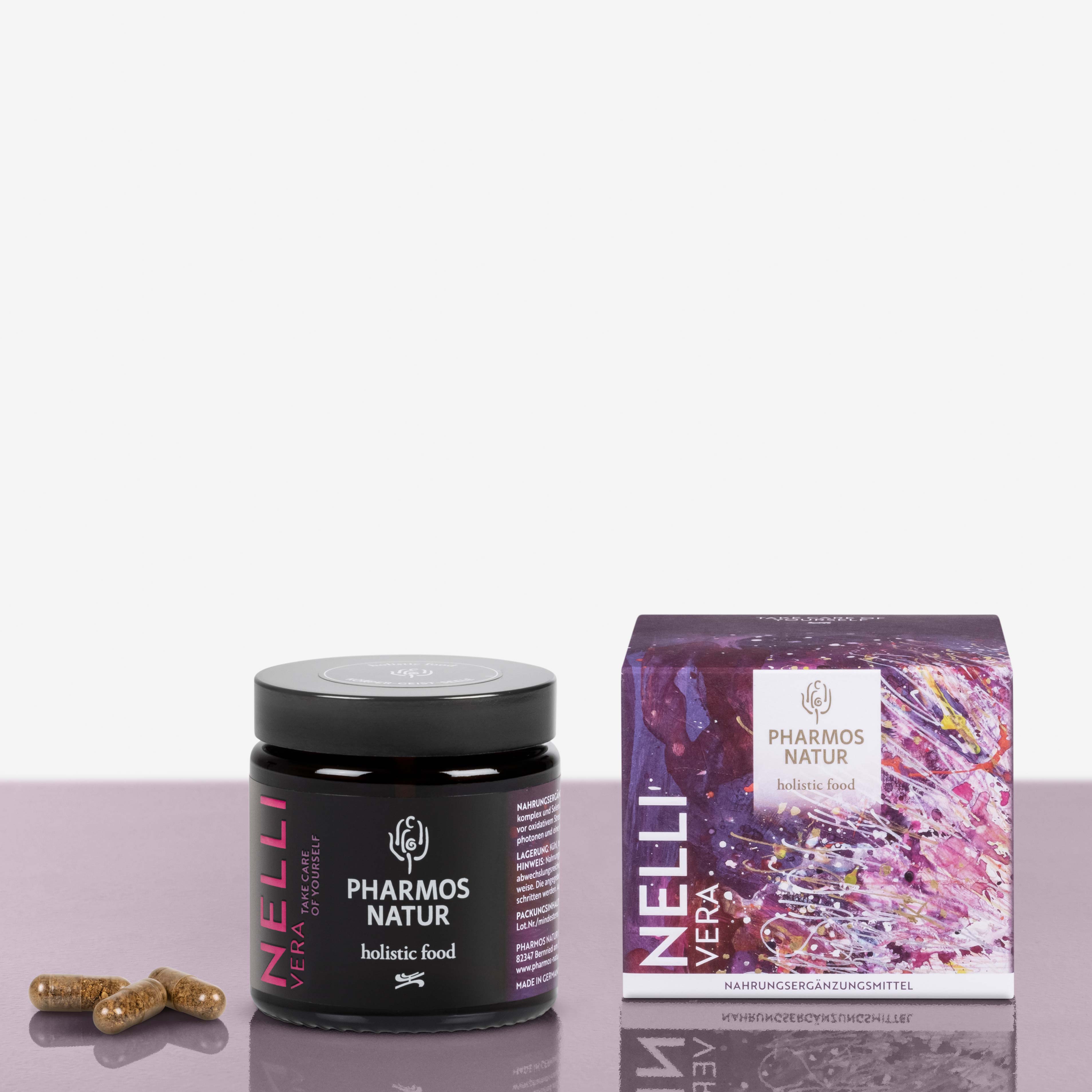 Nelli Vera dunkler Behälter Produktbild neben Pulver und Verpackung