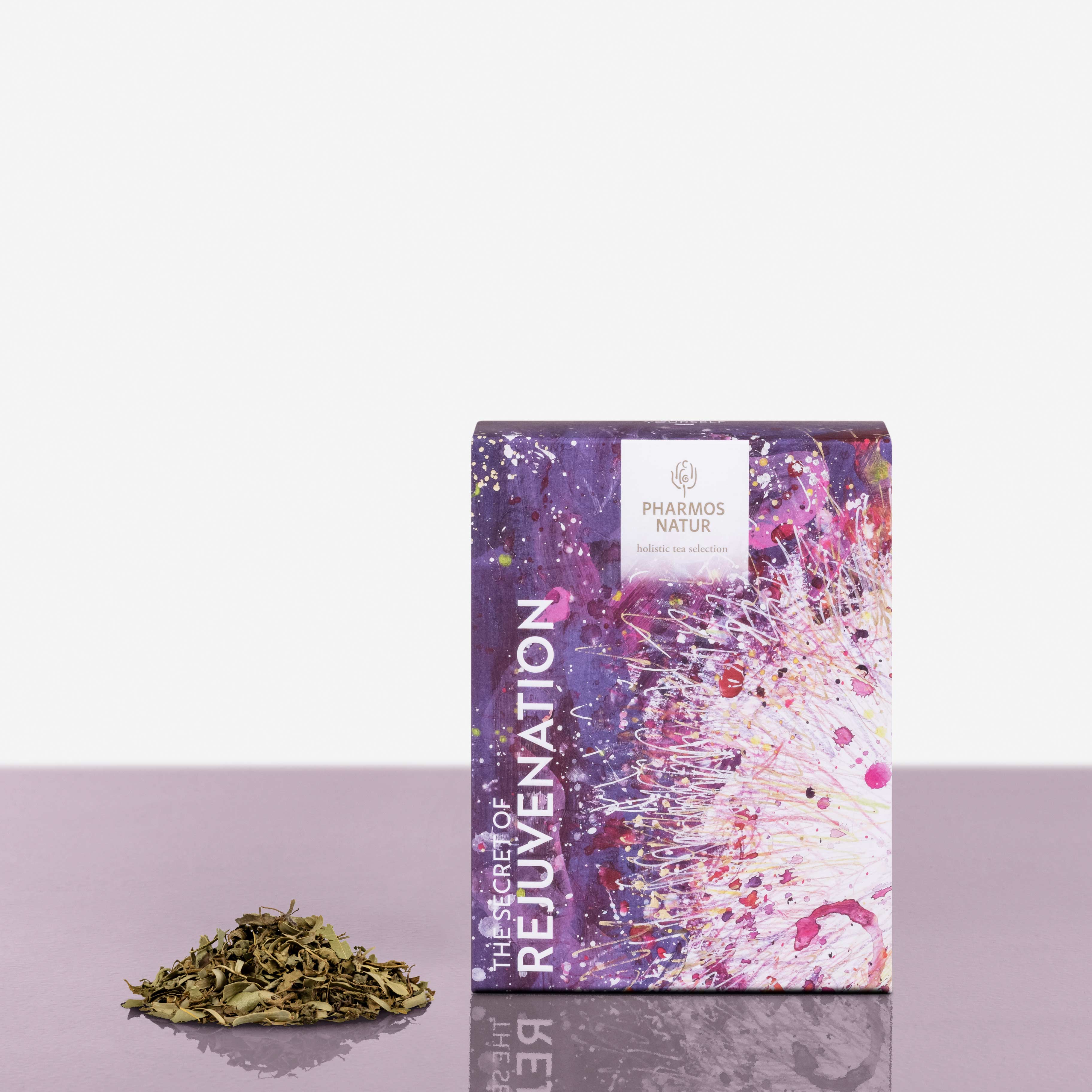 The secret of rejuvenation Verjüngungstee Beutel neben Lilaner Verpackung Verjüngungstee Produktbild