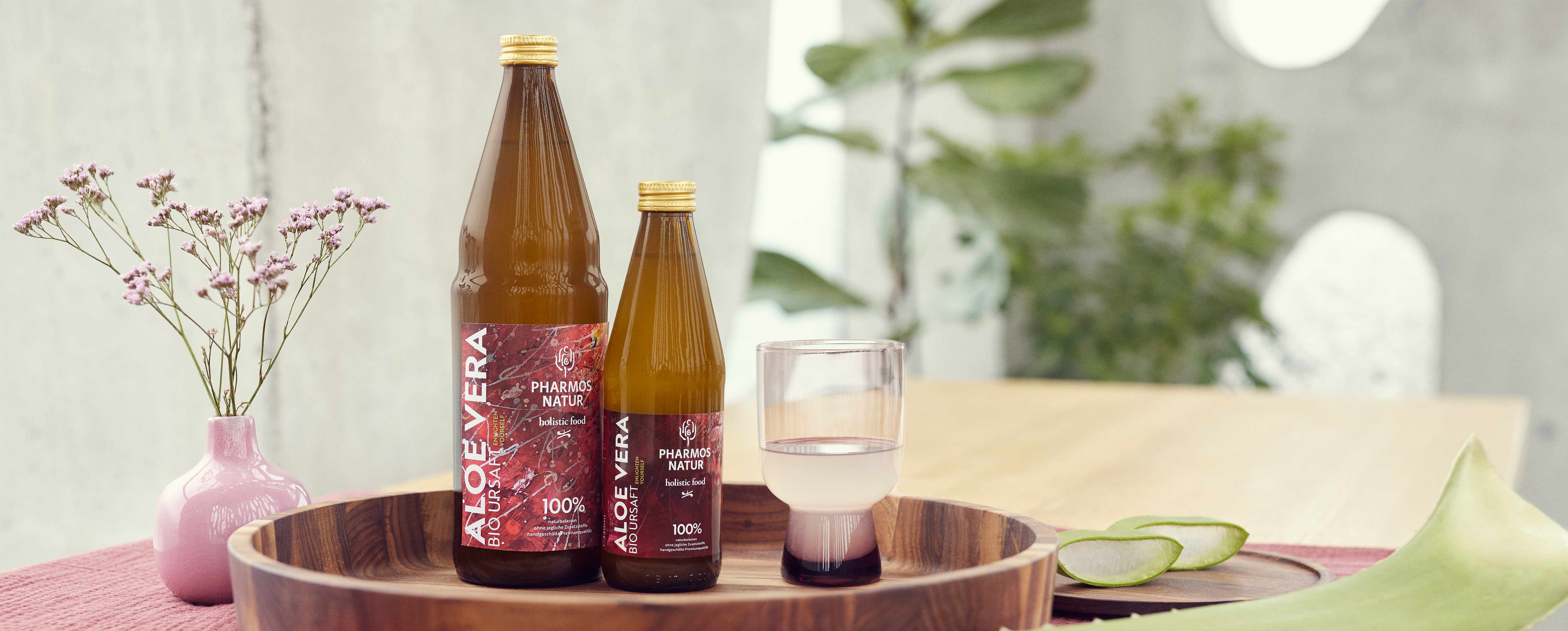 Große und kleine Flasche Aloe Vera Bio Ursaft auf einem Holztablett mit Pflanzen im Hintergrund 