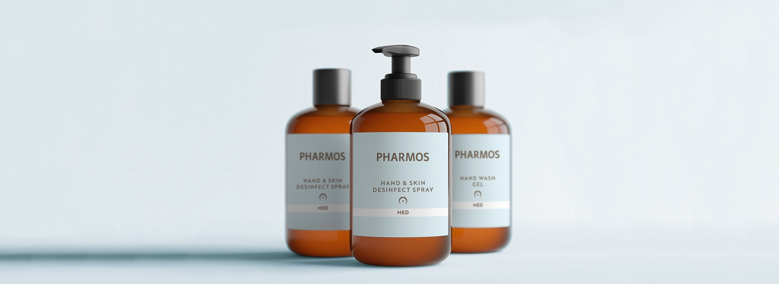 Produktlinie Pharmos Med drei Flaschen mit Hand Wash Gel und Hand & Skin Desinfect Spray