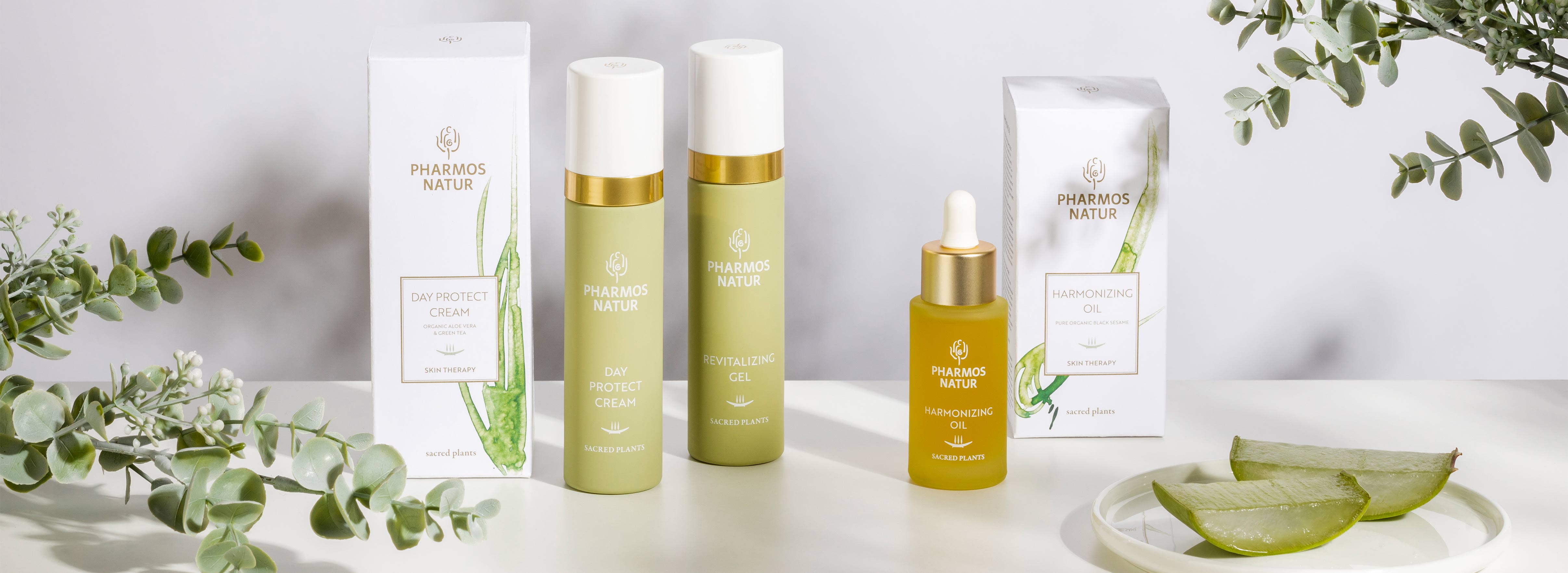 Produktlinie  Skin Therapy Produkte mit Day Protect Cream, Revitalizing Gel und Harmonizing Oil