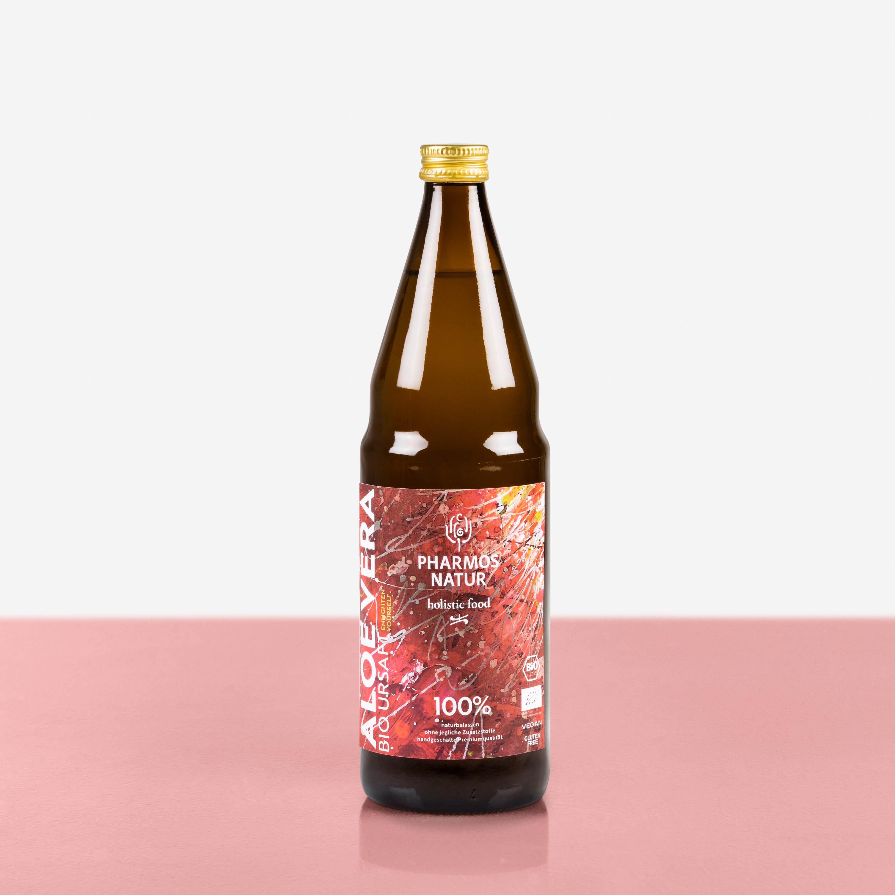 Aloe Vera Bio Ursaft dunkle Flasche mit farbigem Etikett Große Größe