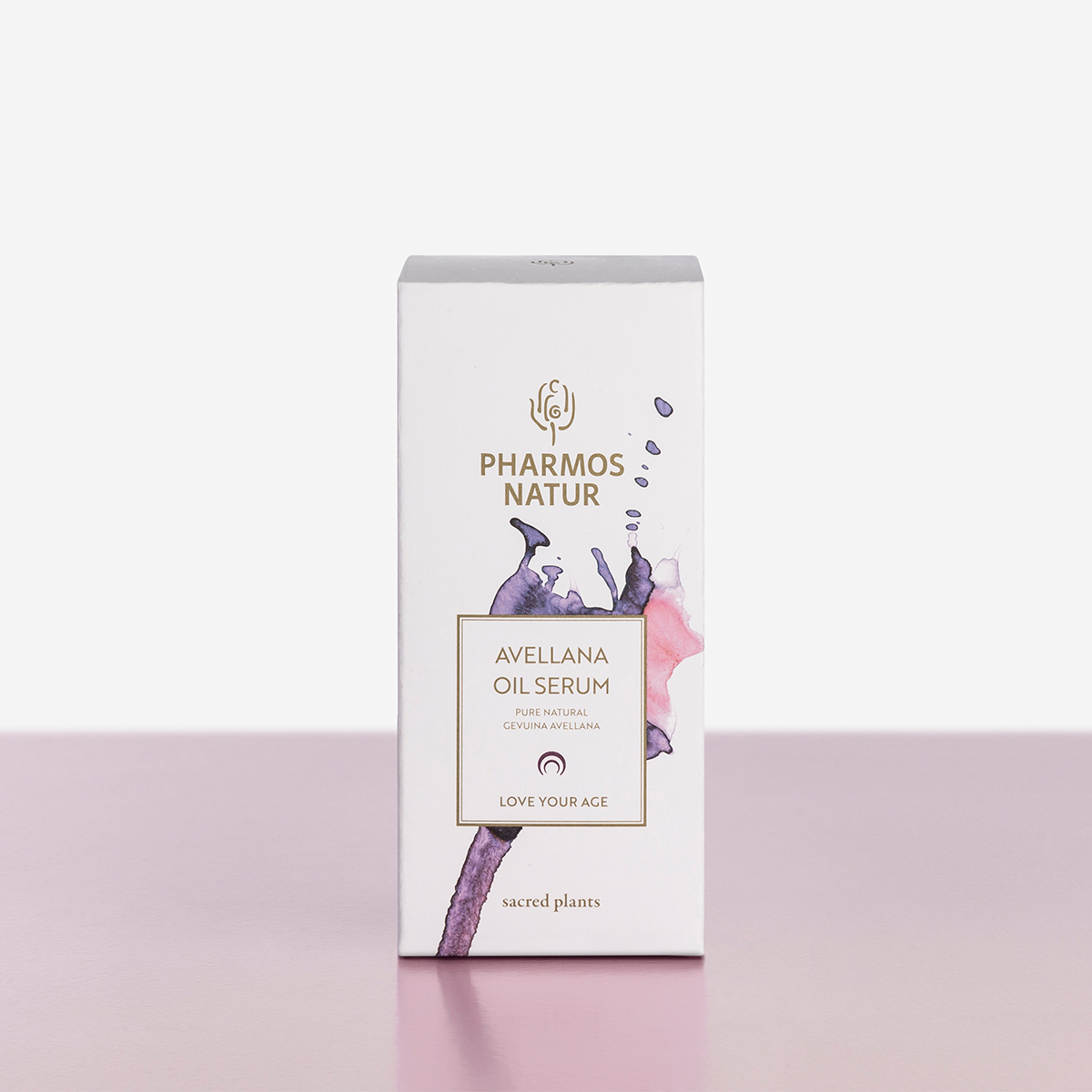 Weiße Verpackung des lila Avellana Öl Serums